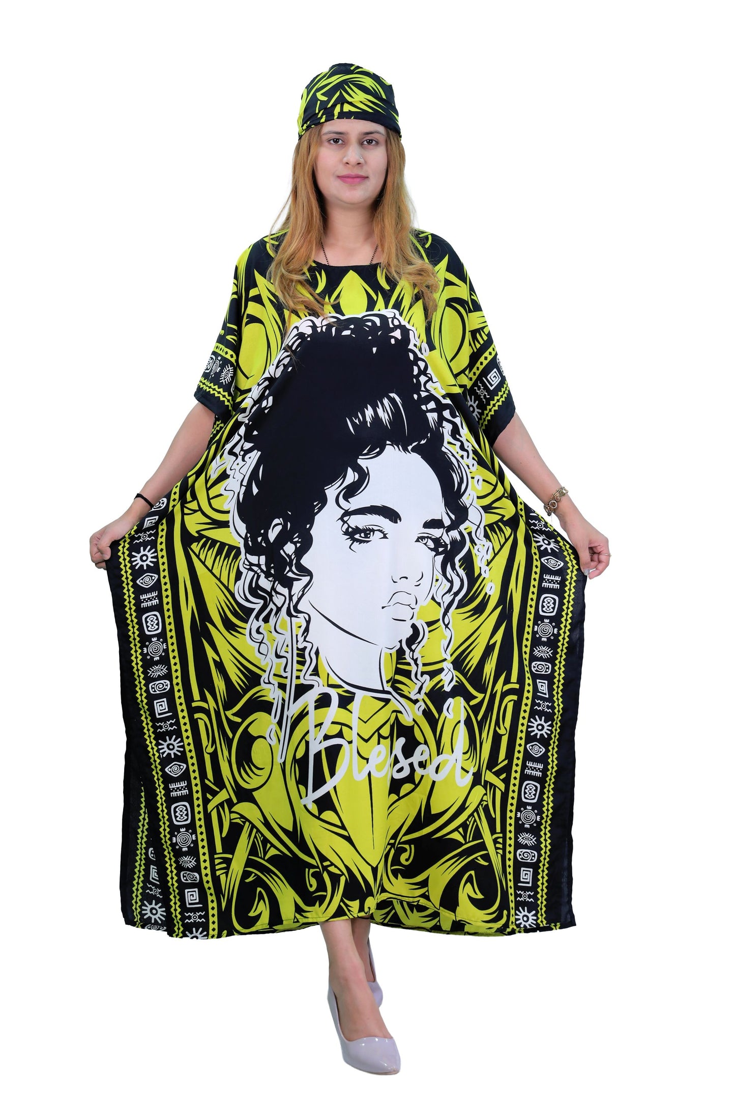 Women's Plus Size Verbiage "Blessed" Caftan Dress - Yellow
