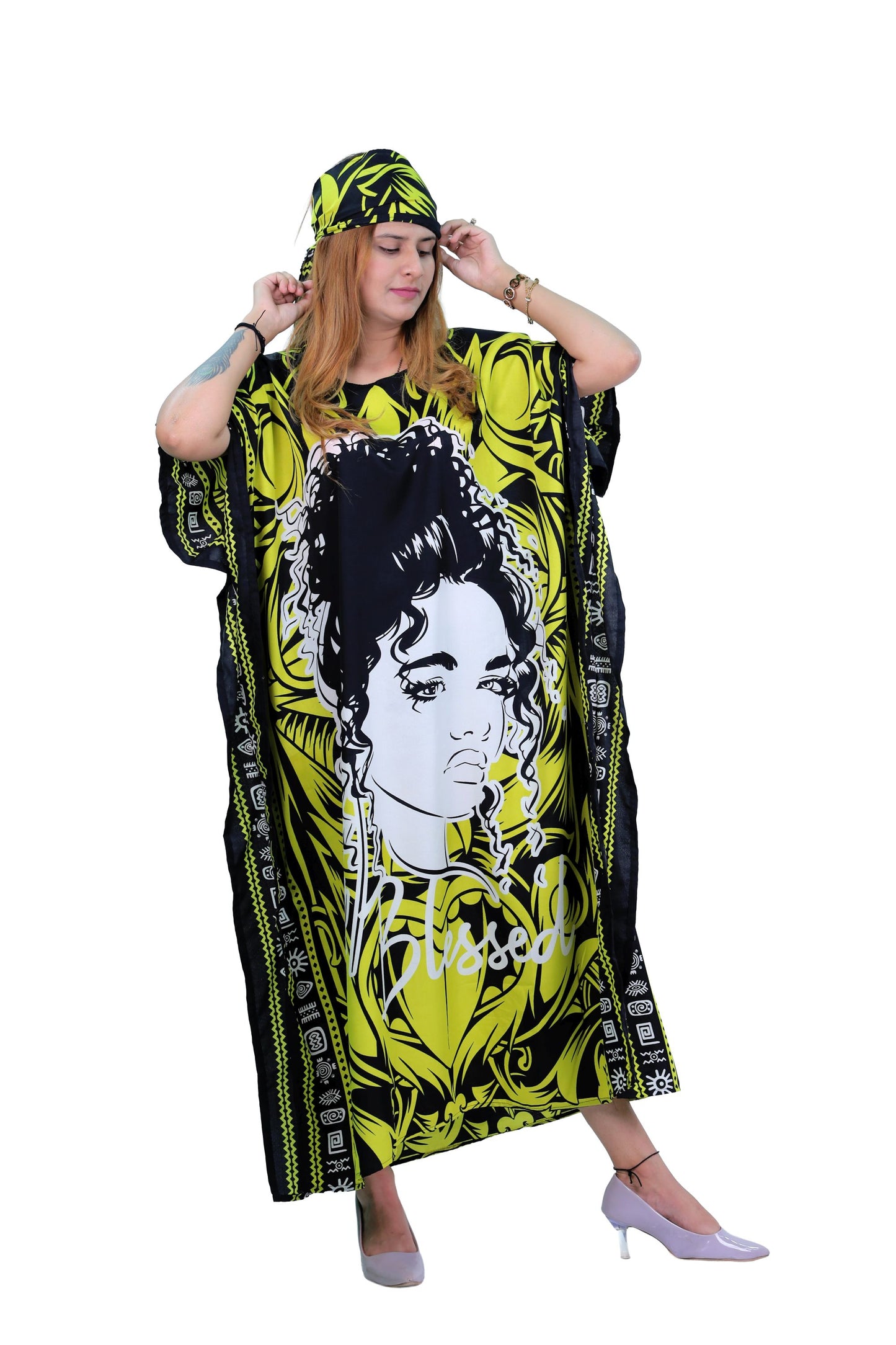 Women's Plus Size Verbiage "Blessed" Caftan Dress - Yellow