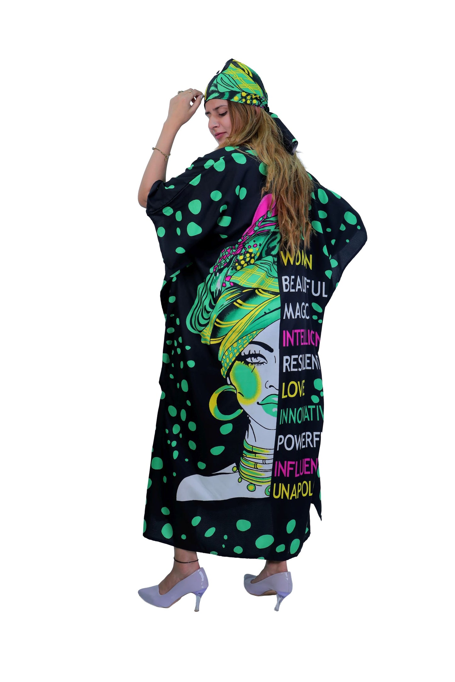 Women's Plus Size Verbiage & Polka Dots Caftan Dress - Green