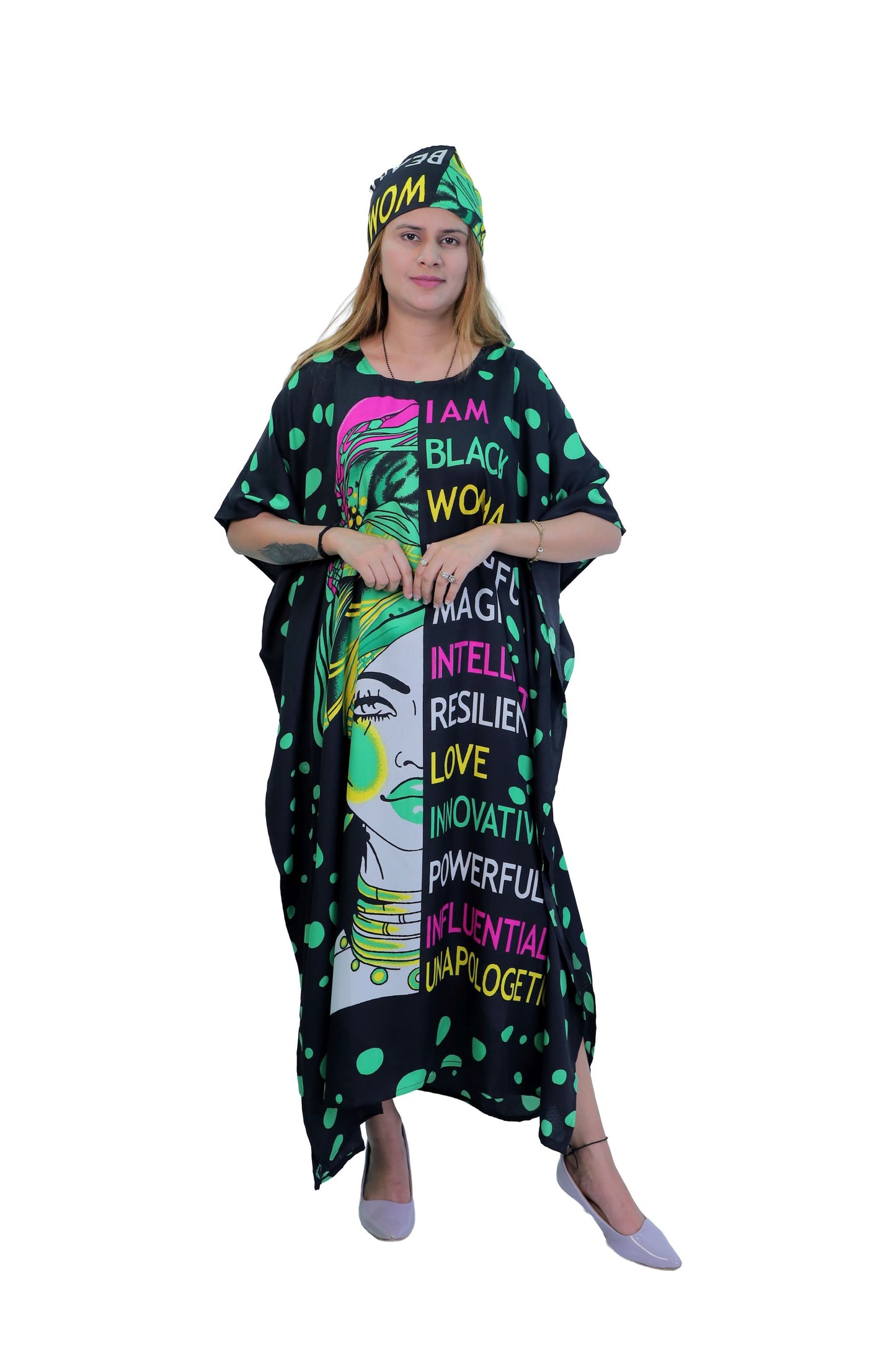 Women's Plus Size Verbiage & Polka Dots Caftan Dress - Green