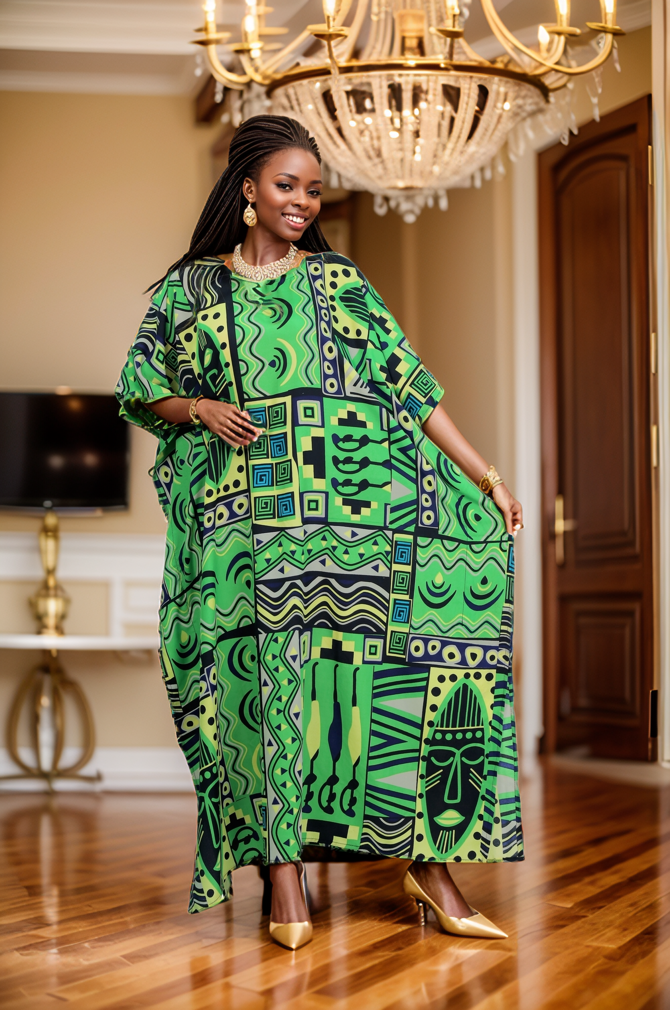Women's Plus Size African Print Caftan Dress - Green