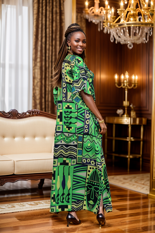Women's Plus Size African Print Caftan Dress - Green