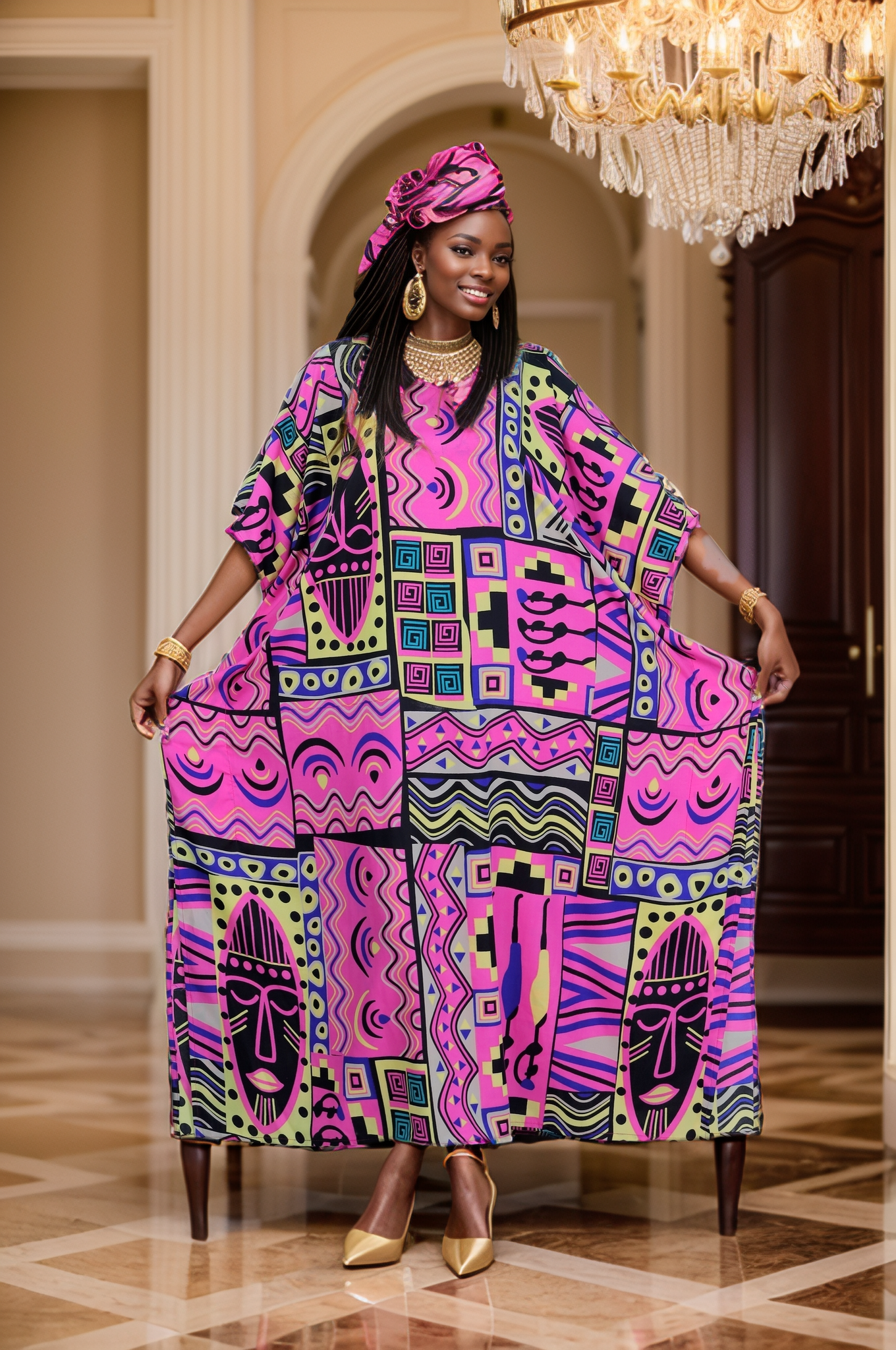 Women's Plus Size African Print Caftan Dress - Pink