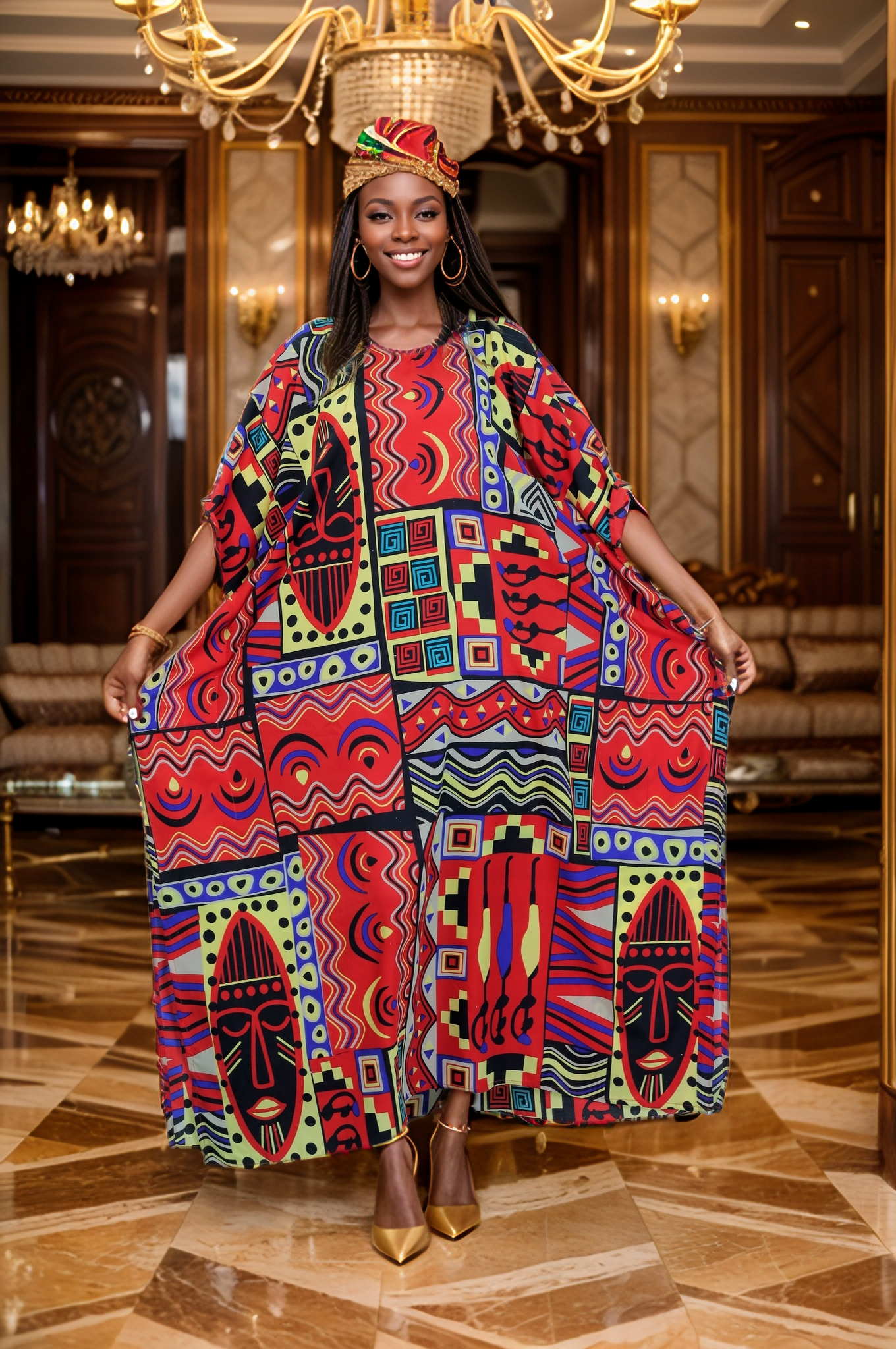 Women's Plus Size African Print Caftan Dress - Red