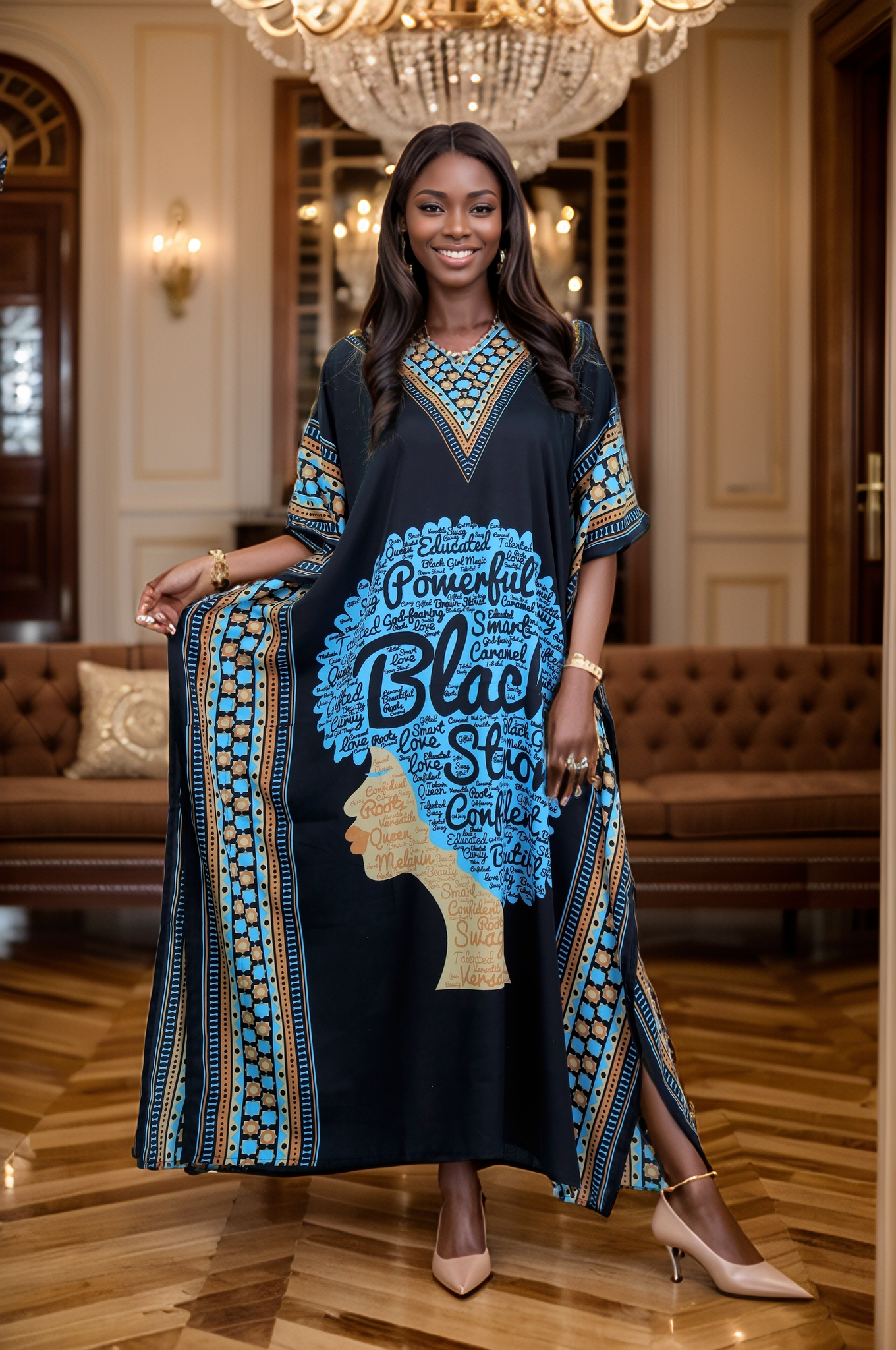 Women's Plus Size African Print Verbiage & Face Print Caftan Dress - Teal