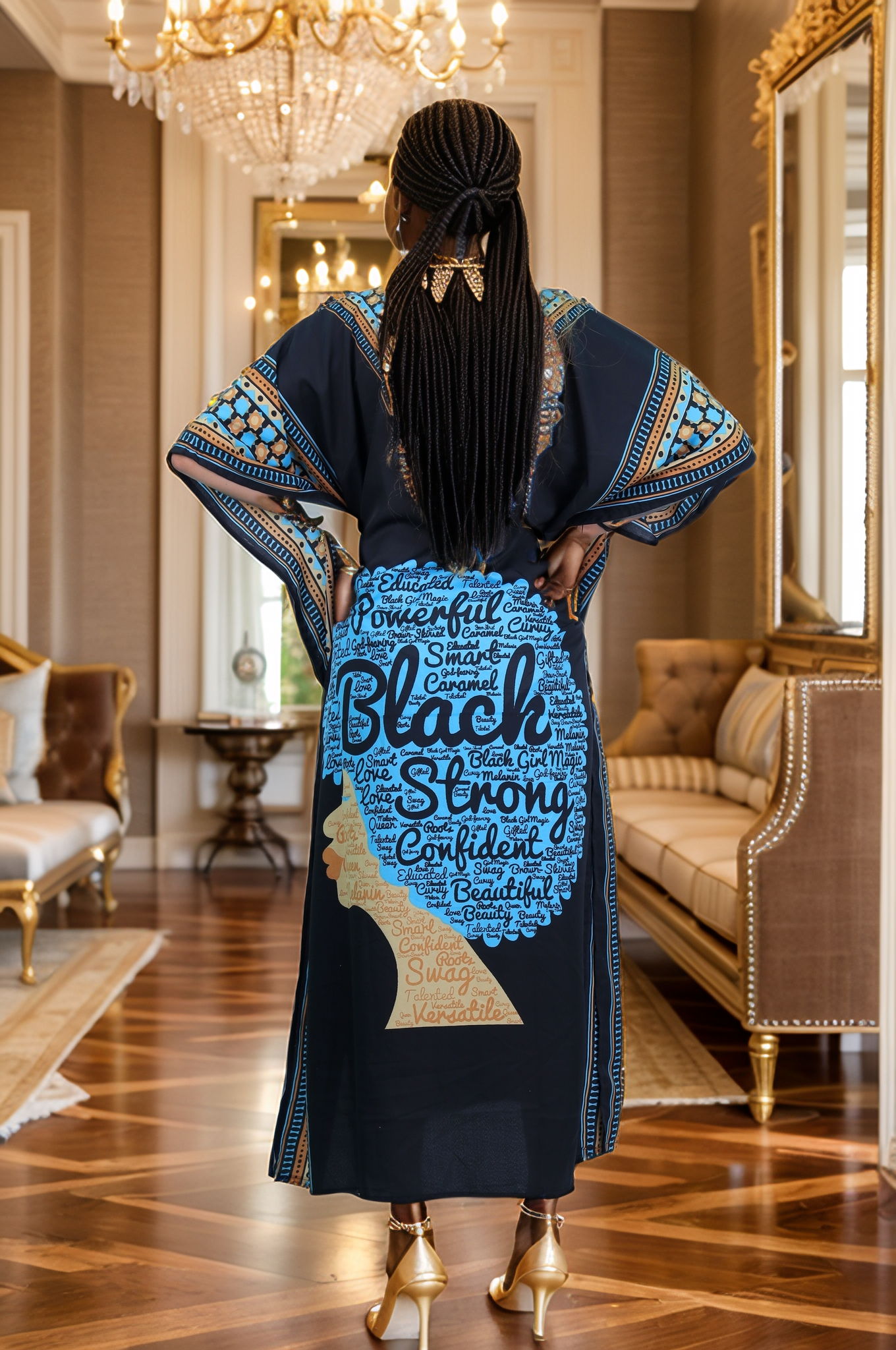 Women's Plus Size African Print Verbiage & Face Print Caftan Dress - Teal