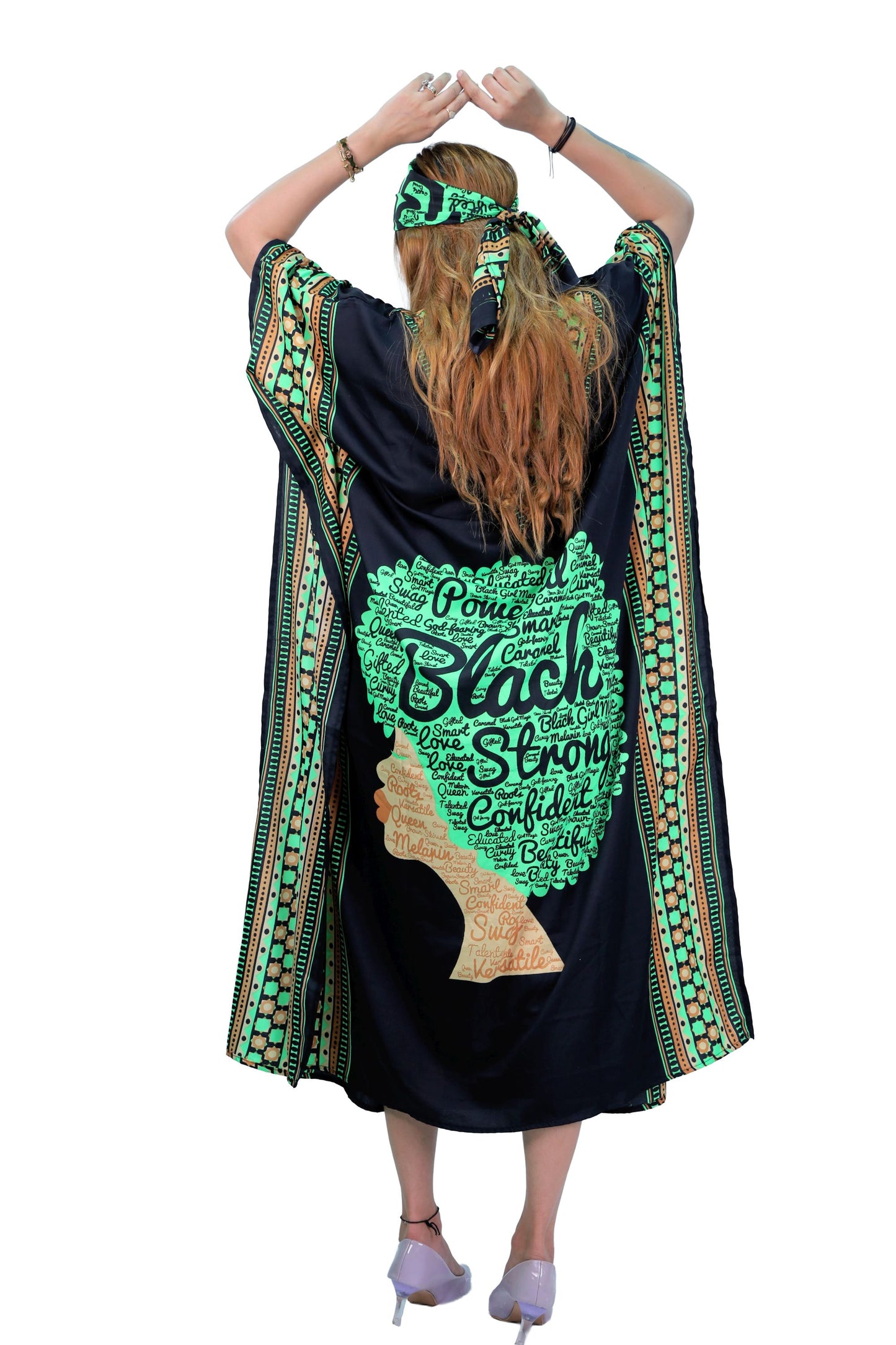 Women's Plus Size African Print Verbiage & Face Print Caftan Dress - Green