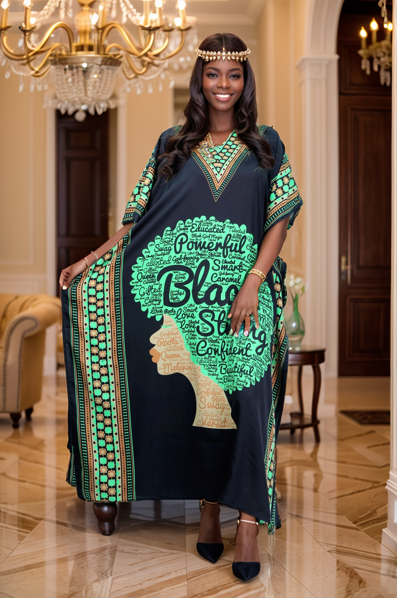 Women's Plus Size African Print Verbiage & Face Print Caftan Dress - Green