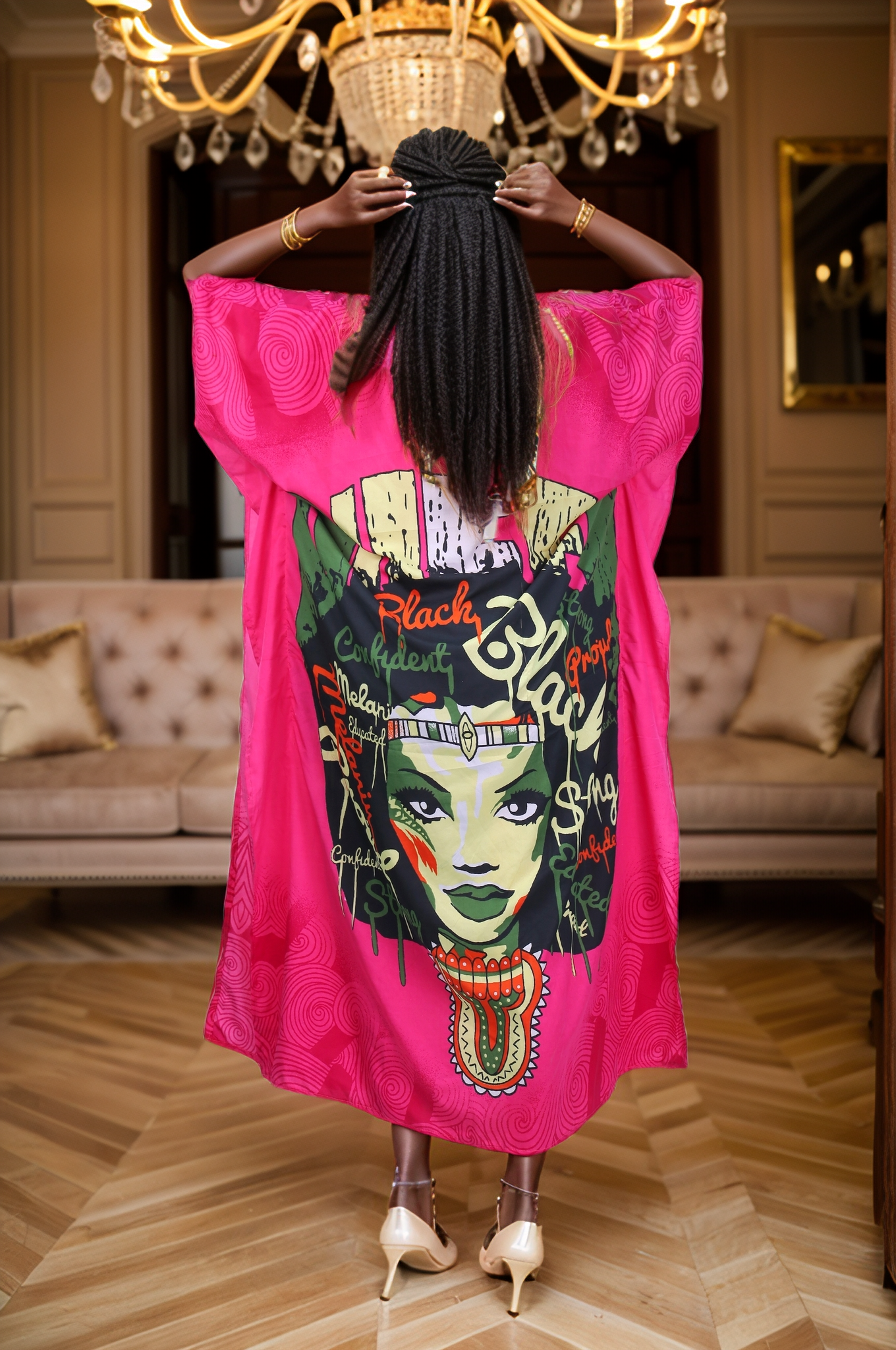 Women's Plus Size African Print Verbiage & Face Print Caftan Dress - Pink