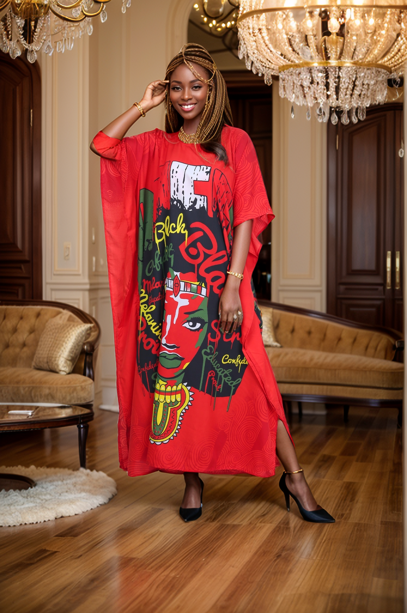 Women's Plus Size African Print Verbiage & Face Print Caftan Dress - Red
