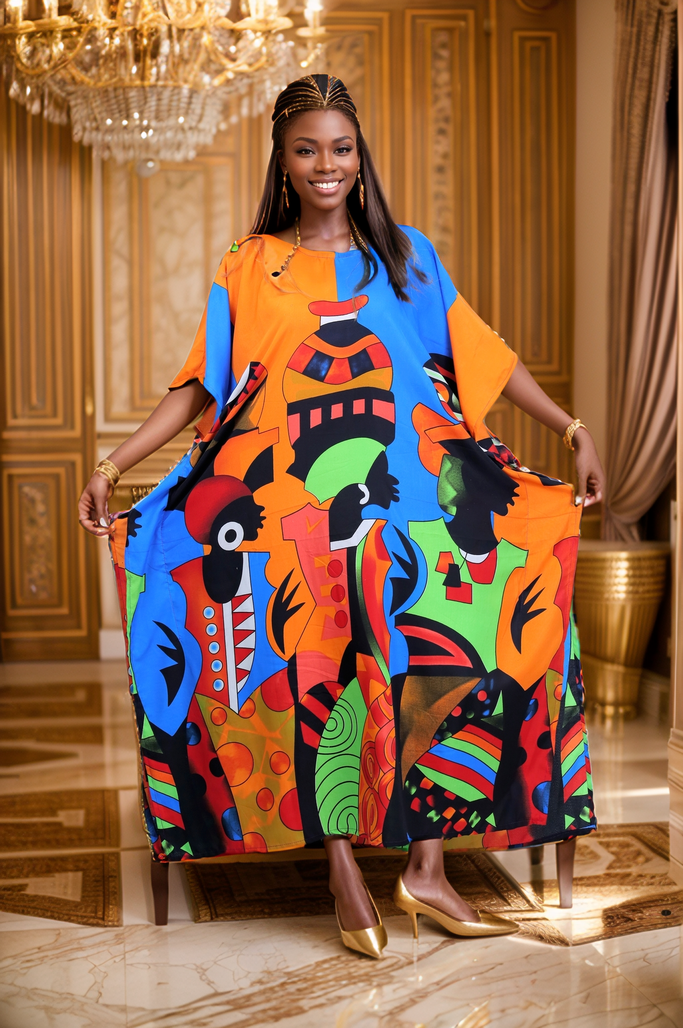 Women's Plus Size African Multi-Print Kaftan Dress - Orange/Blue