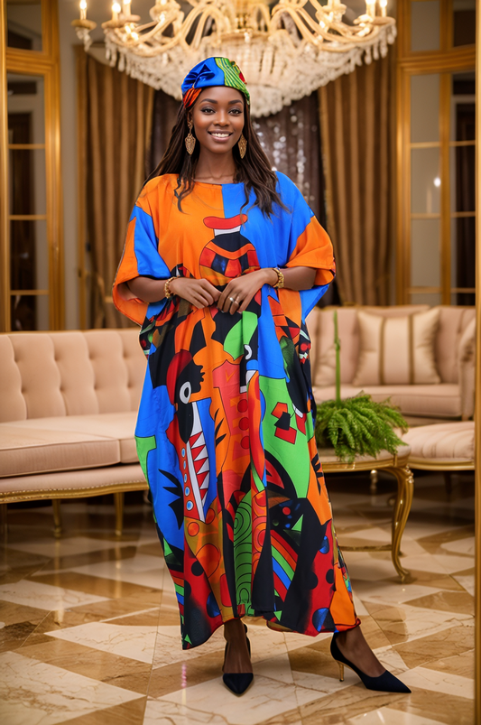 Women's Plus Size African Multi-Print Kaftan Dress - Orange/Blue