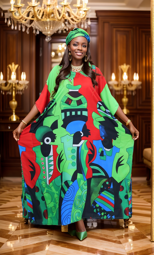 Women's Plus Size African Multi-Print Kaftan Dress - Green/Red