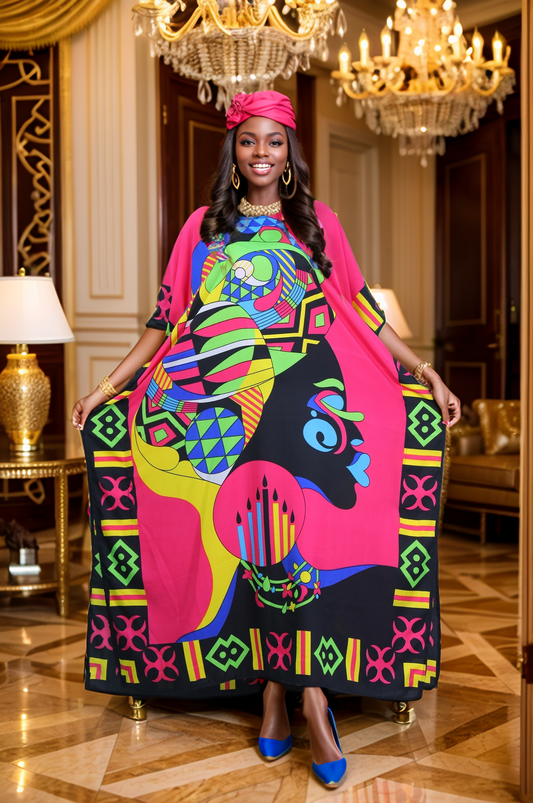 Women's Plus Size African Multi-Print Kaftan Dress - Coral