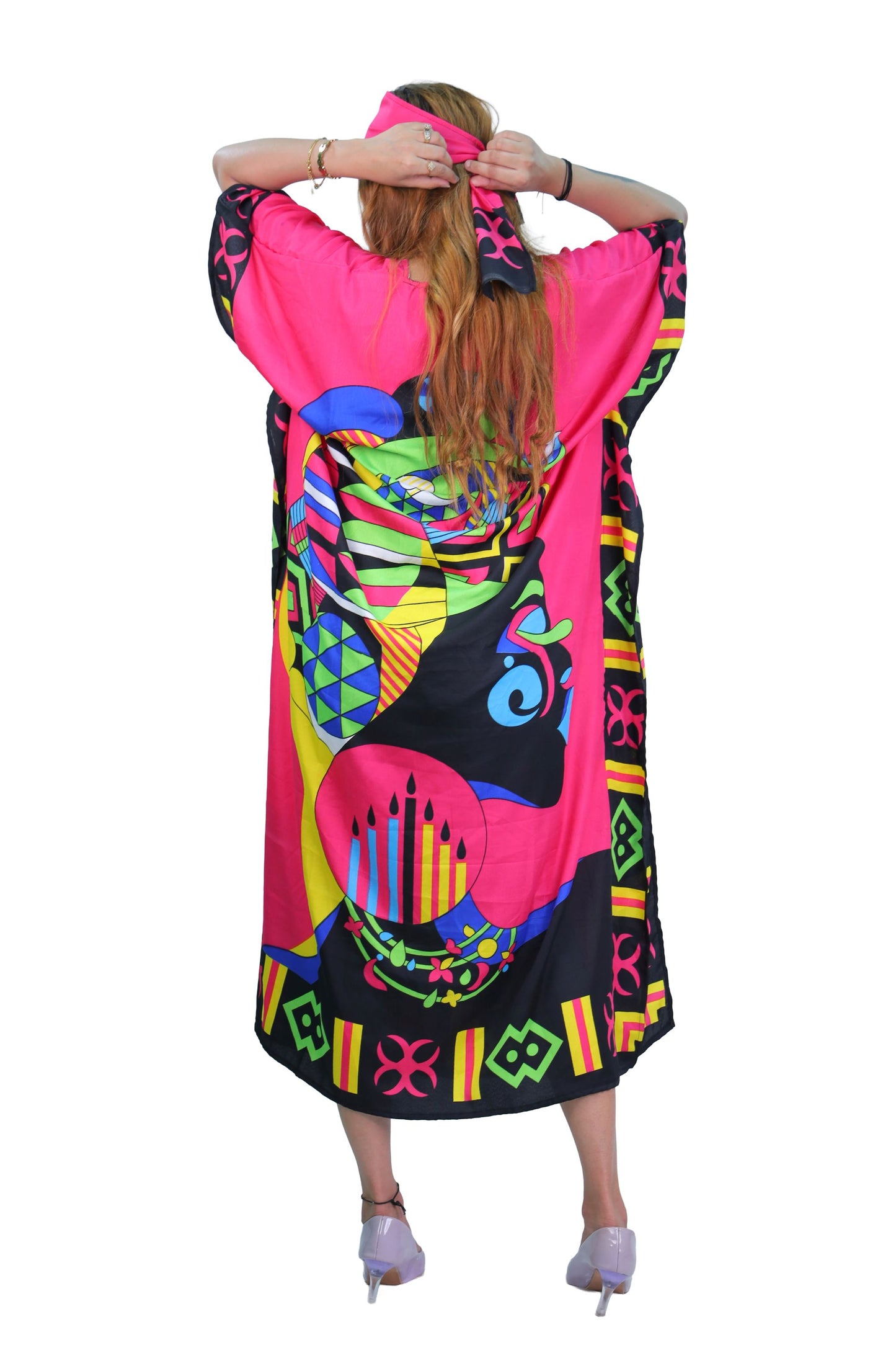 Women's Plus Size African Multi-Print Kaftan Dress - Coral