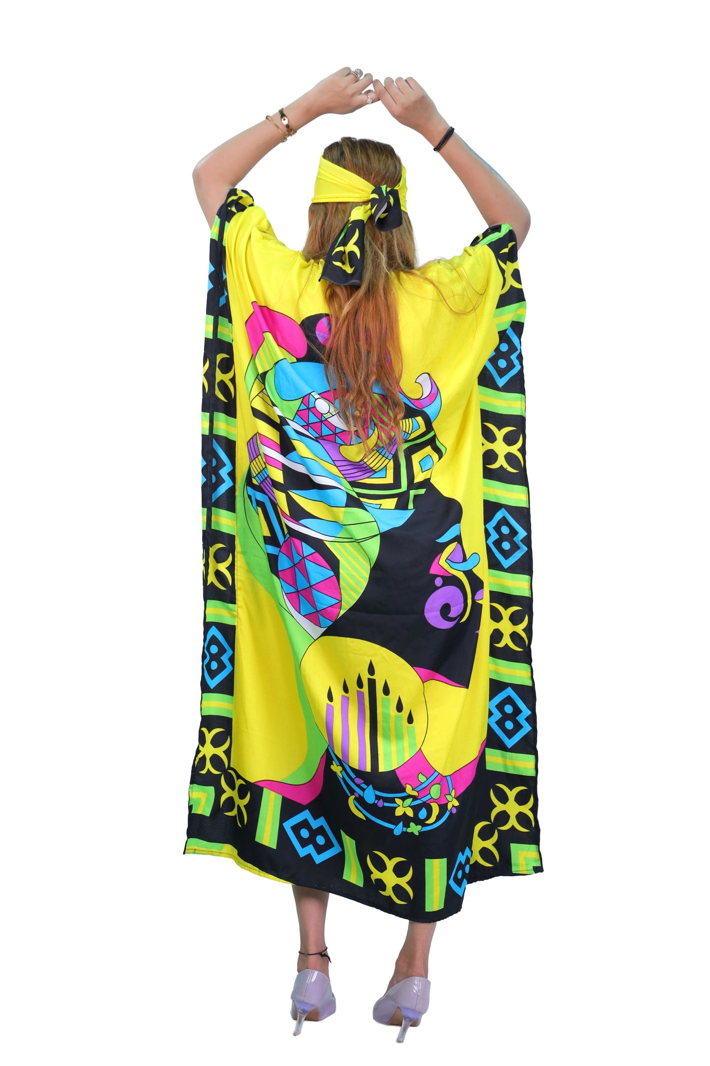 Women's Plus Size African Multi-Print Kaftan Dress - Yellow
