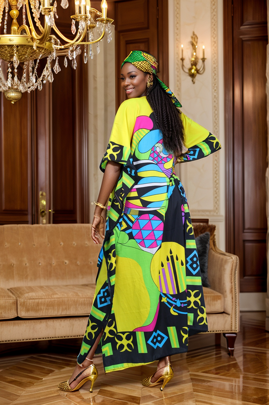 Women's Plus Size African Multi-Print Kaftan Dress - Yellow