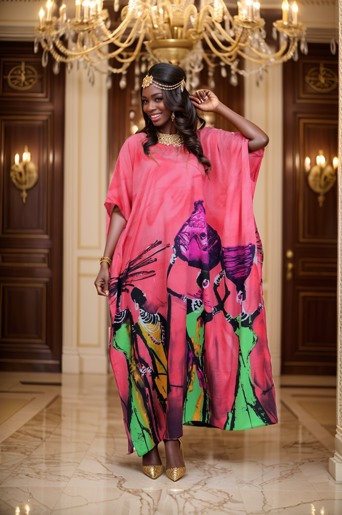 Women's Plus Size African Print Kaftan Dress - Peach