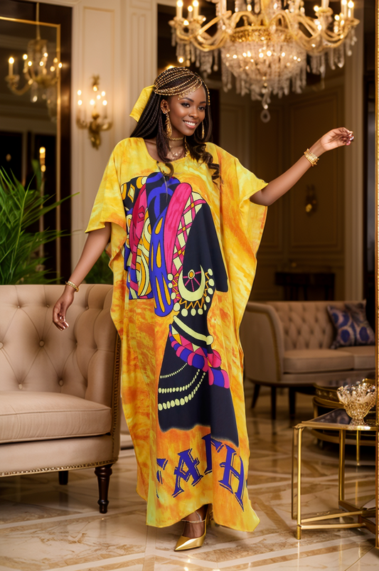 Women's Plus Size African Print "FAITH" Kaftan Dress - Gold