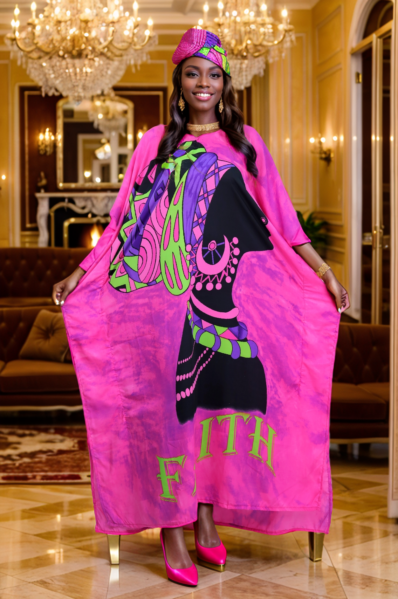 Women's Plus Size African Print "FAITH" Kaftan Dress - Pink