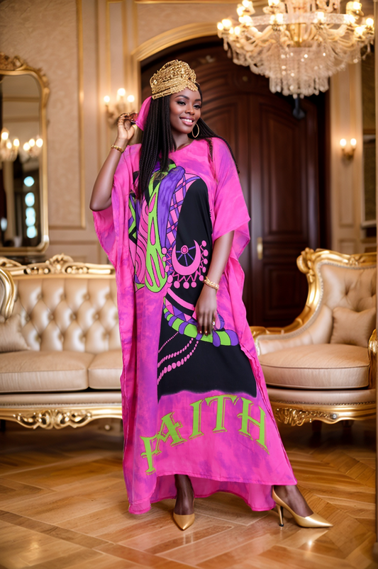 Women's Plus Size African Print "FAITH" Kaftan Dress - Pink