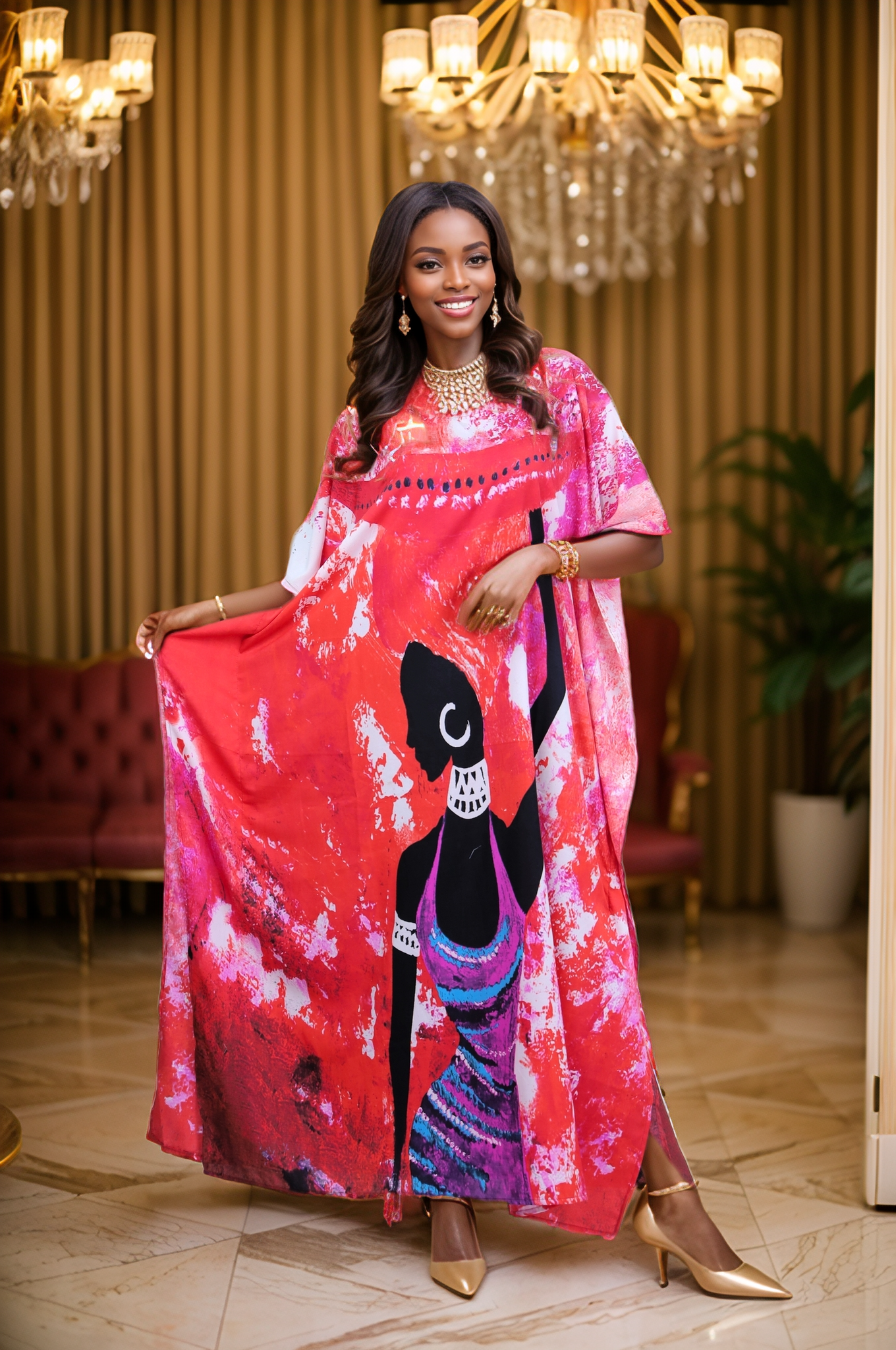 Women's Plus Size African Print Kaftan Maxi Dress - Red