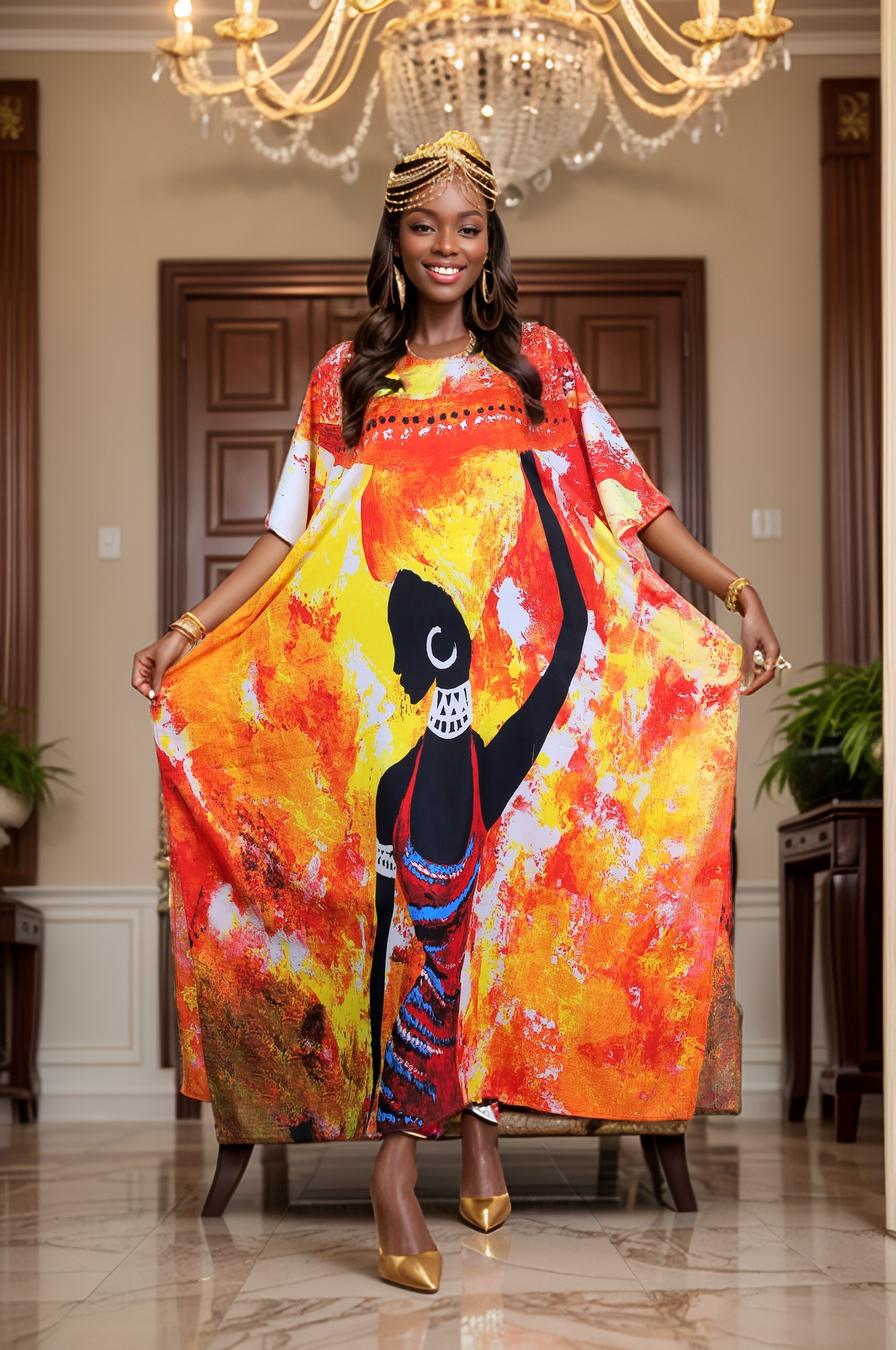 Women's Plus Size African Print Kaftan Maxi Dress - Yellow/Orange