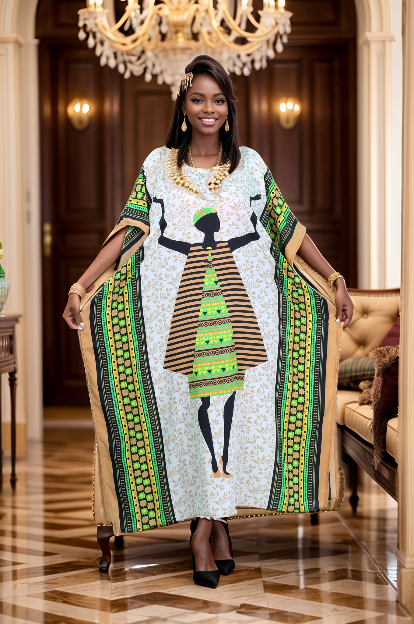 Women's Plus Size African Print Kaftan Maxi Dress - Peach/Green