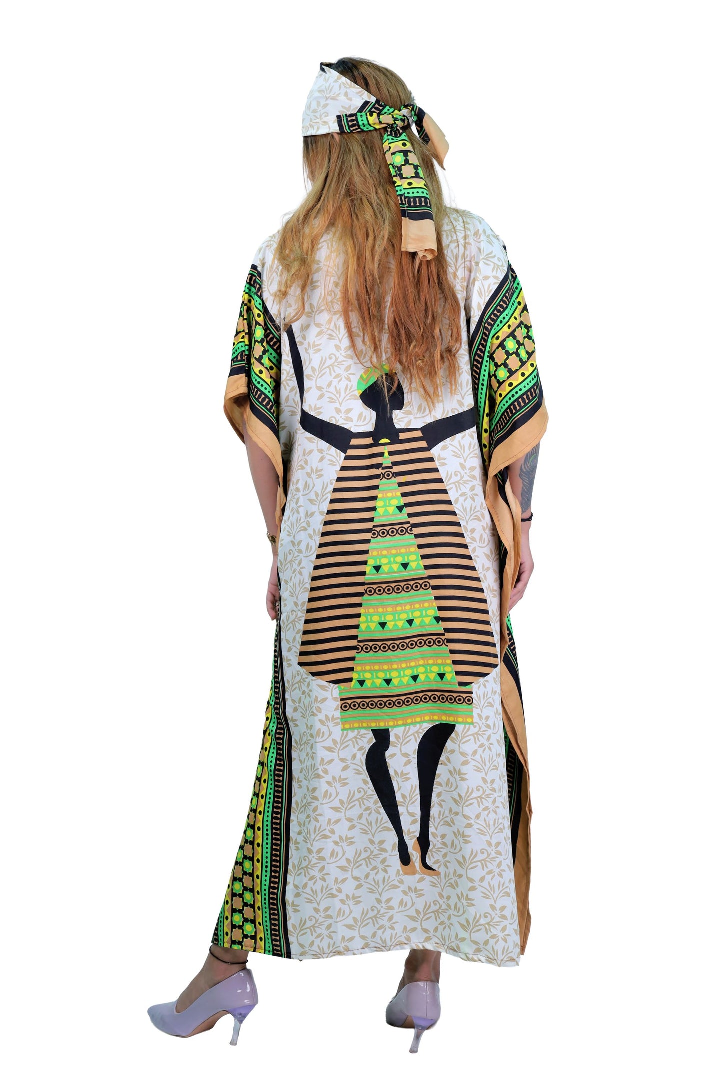 Women's Plus Size African Print Kaftan Maxi Dress - Peach/Green