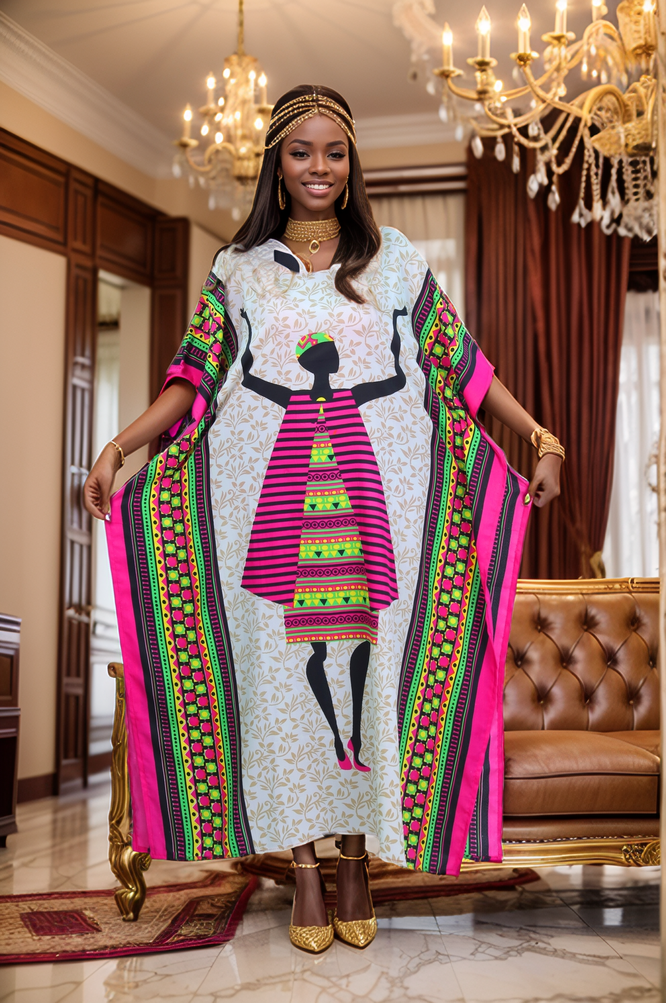 Women's Plus Size African Print Kaftan Maxi Dress - Pink