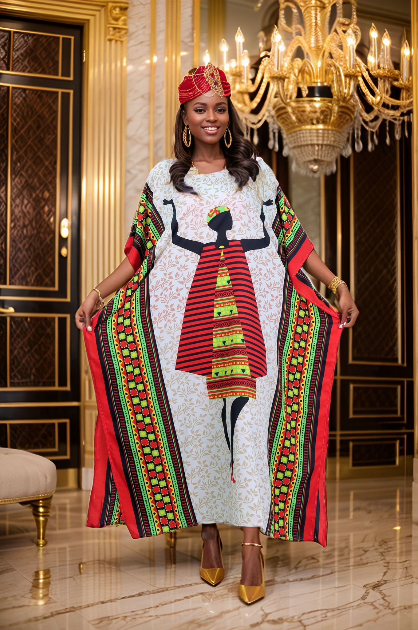 Women's Plus Size African Print Kaftan Maxi Dress - Red