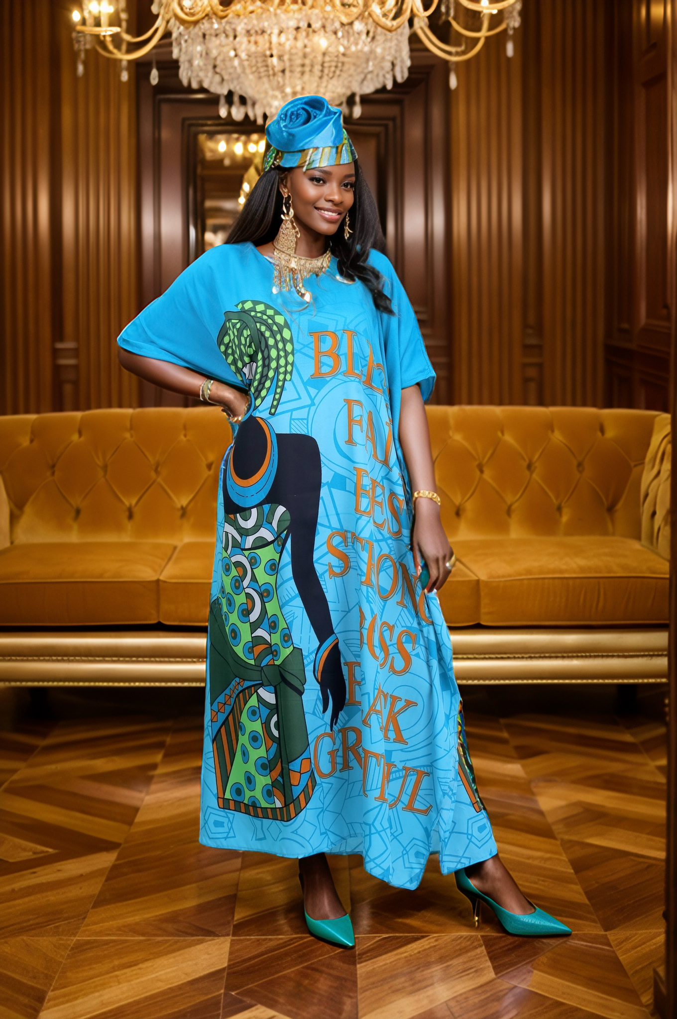 Women's Plus Size African Print Verbiage Kaftan Maxi Dress - Teal