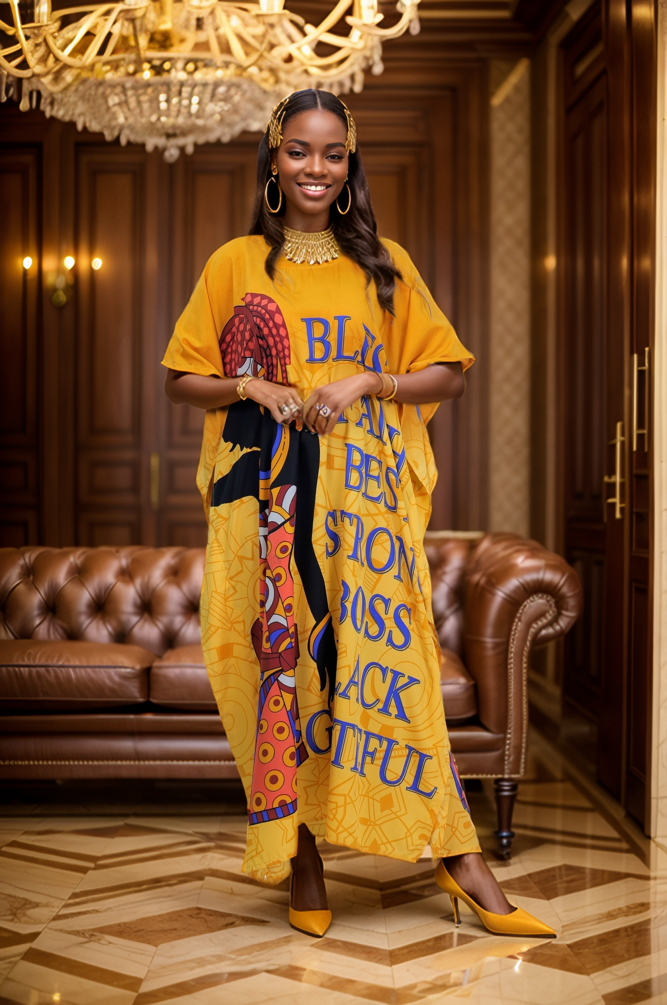Women's Plus Size African Print Verbiage Kaftan Maxi Dress - Gold