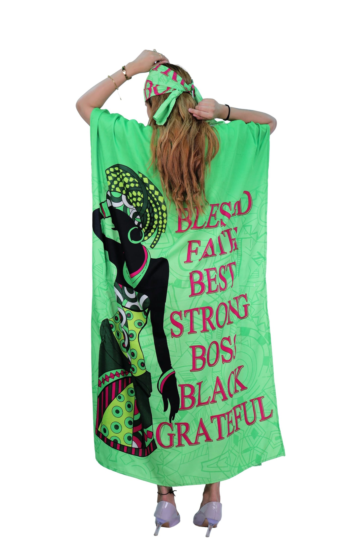 Women's Plus Size African Print Verbiage Kaftan Maxi Dress - Green