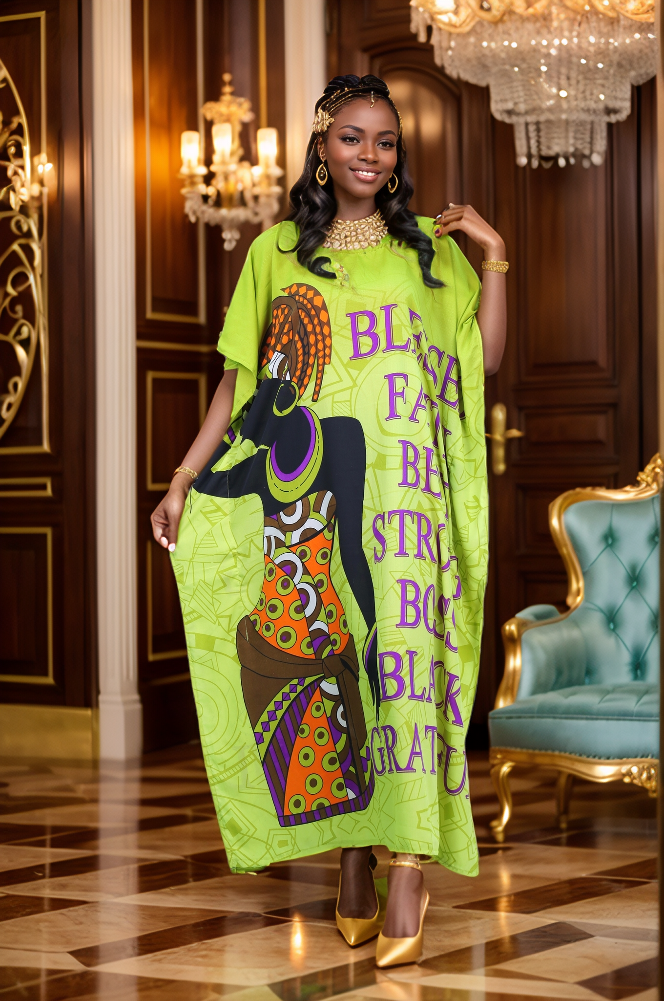 Women's Plus Size African Print Verbiage Kaftan Maxi Dress - Yellow