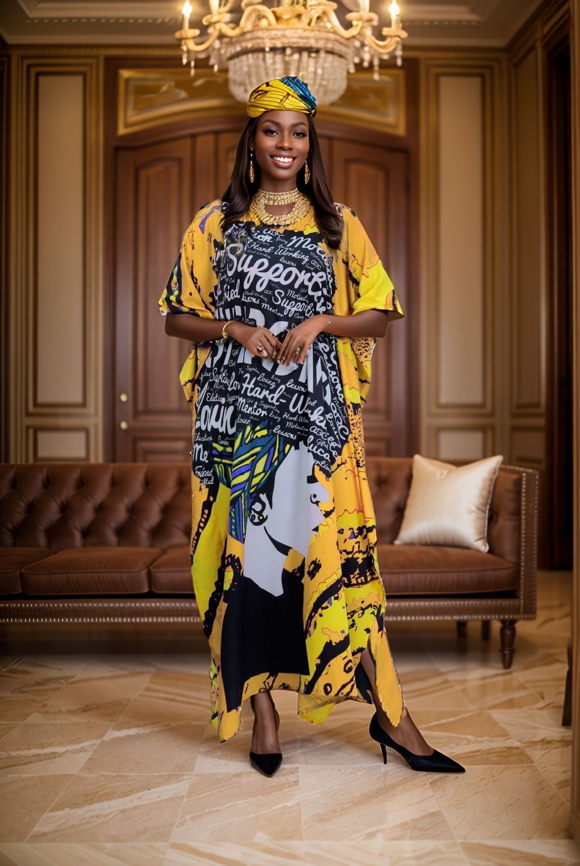 Women's Plus Size African Print Verbiage "STRONG" Kaftan Maxi Dress - Gold