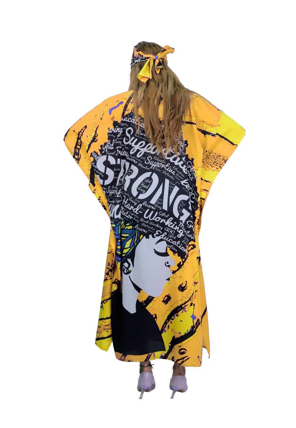 Women's Plus Size African Print Verbiage "STRONG" Kaftan Maxi Dress - Gold