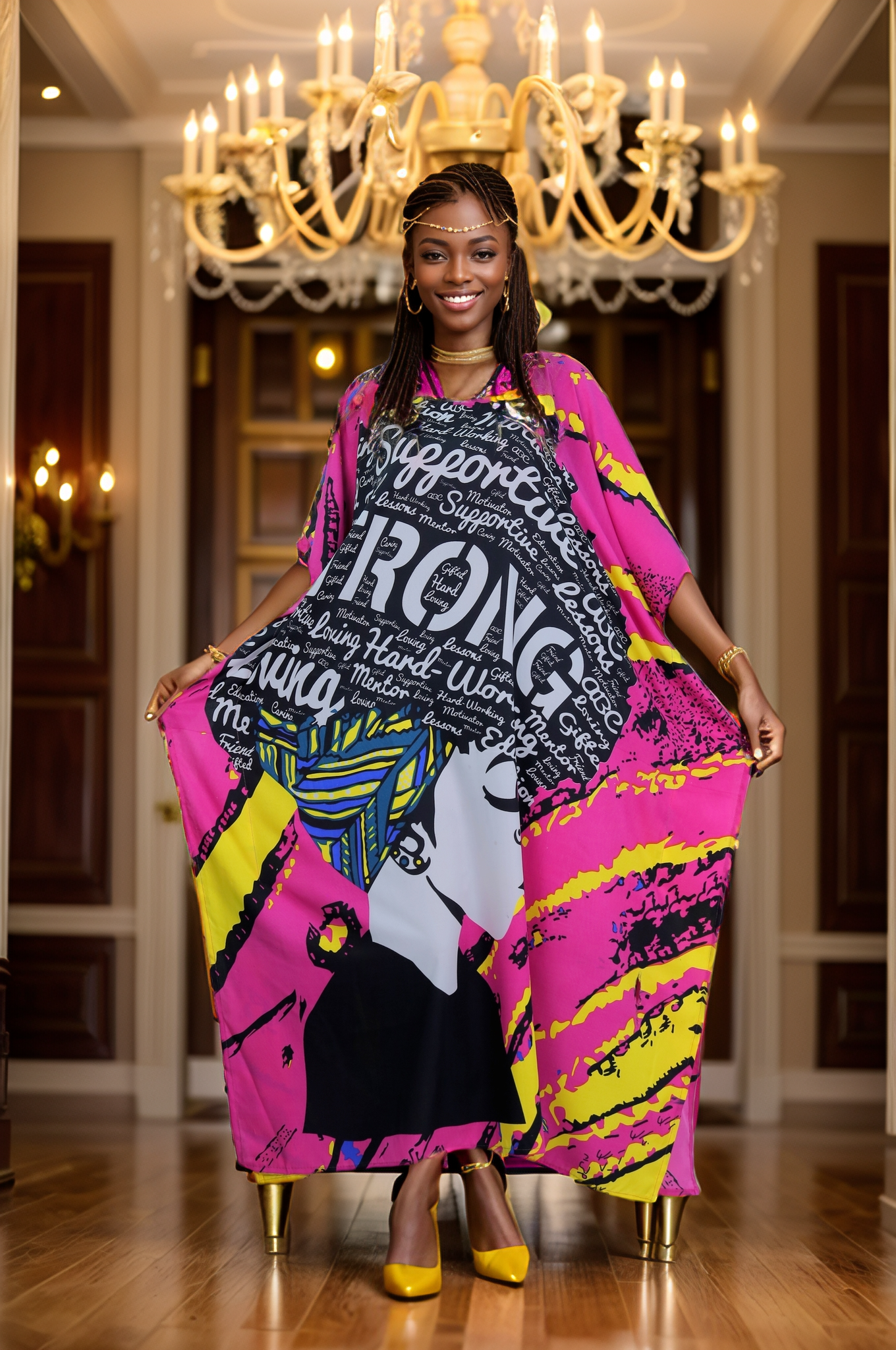 Women's Plus Size African Print Verbiage "STRONG" Kaftan Maxi Dress - Pink