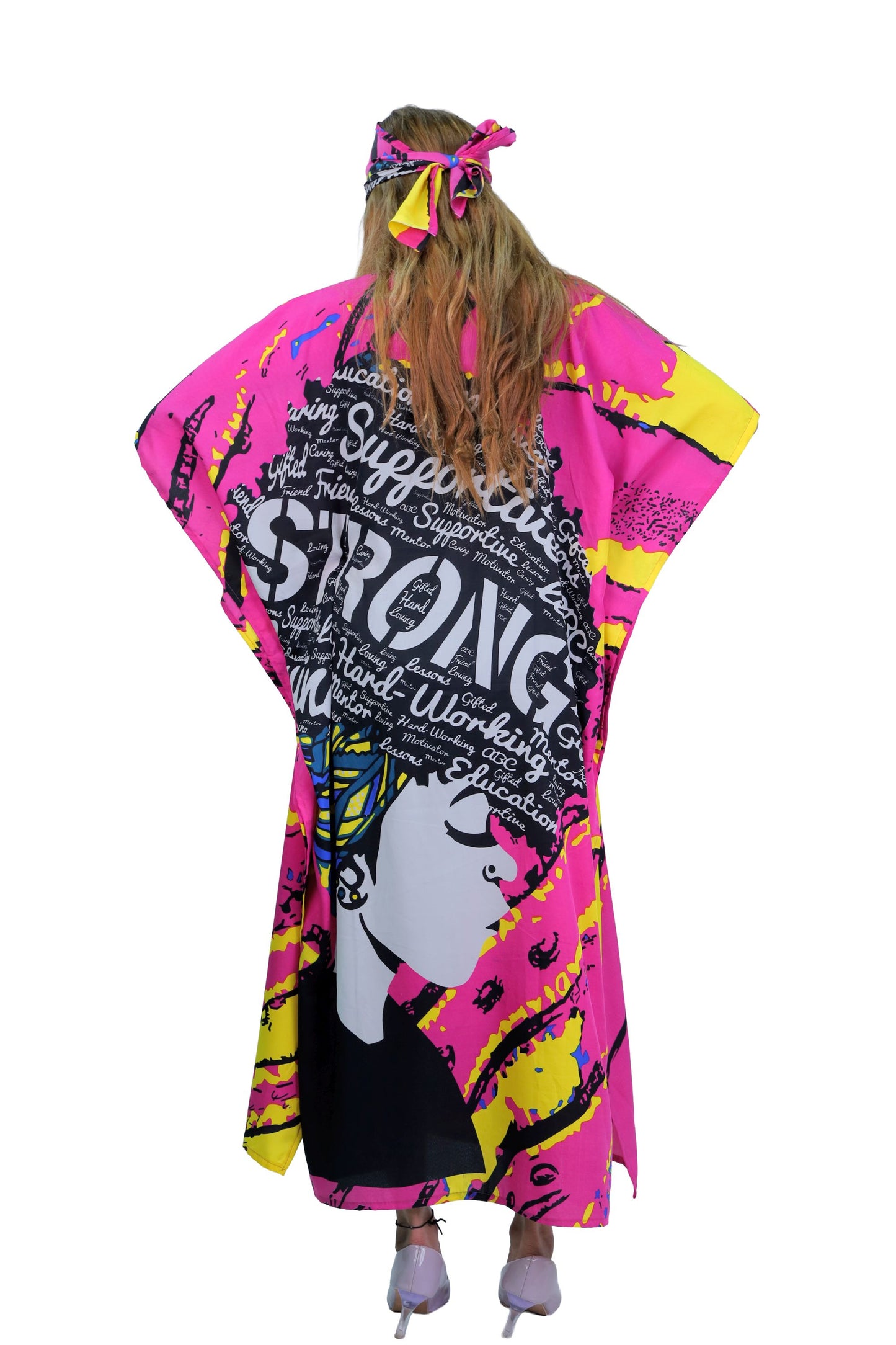 Women's Plus Size African Print Verbiage "STRONG" Kaftan Maxi Dress - Pink