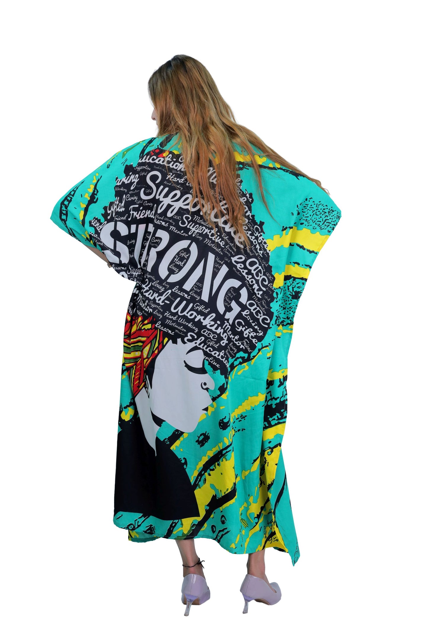 Women's Plus Size African Print Verbiage "STRONG" Kaftan Maxi Dress - Sea Green