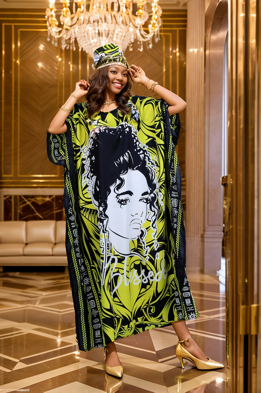 Women's Plus Size Verbiage "Blessed" Caftan Dress - Yellow