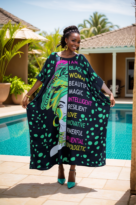 Women's Plus Size Verbiage & Polka Dots Caftan Dress - Green