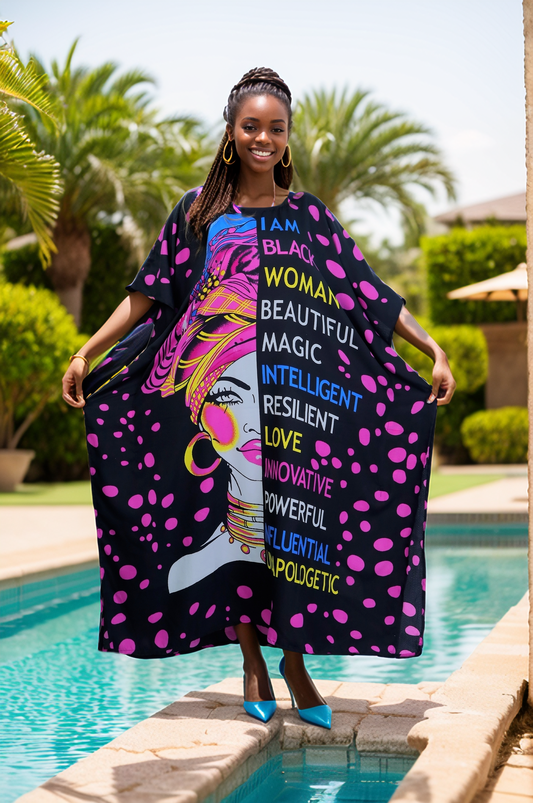 Women's Plus Size Verbiage & Polka Dots Caftan Dress - Pink