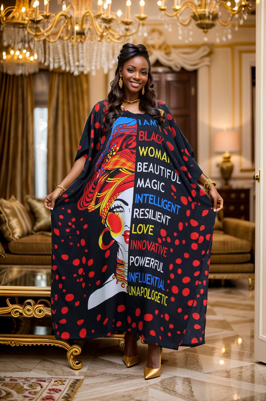 Women's Plus Size Verbiage & Polka Dots Caftan Dress - Red
