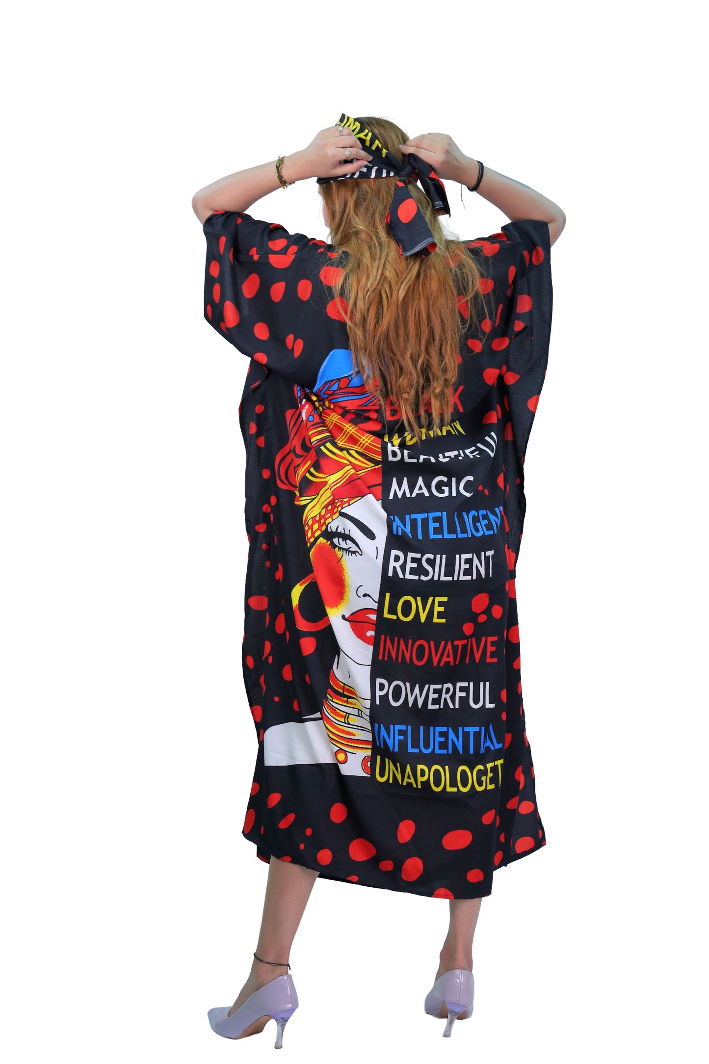 Women's Plus Size Verbiage & Polka Dots Caftan Dress - Red
