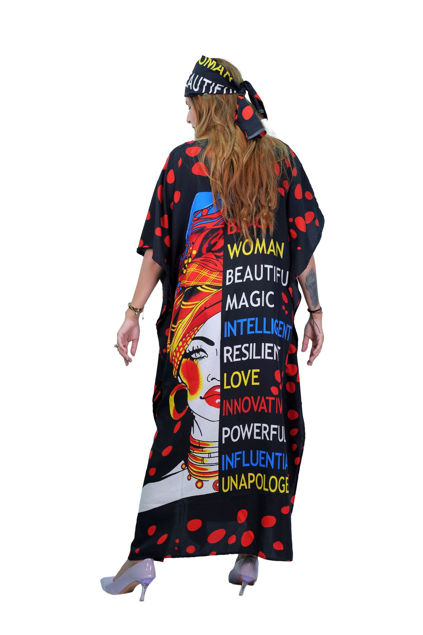 Women's Plus Size Verbiage & Polka Dots Caftan Dress - Red