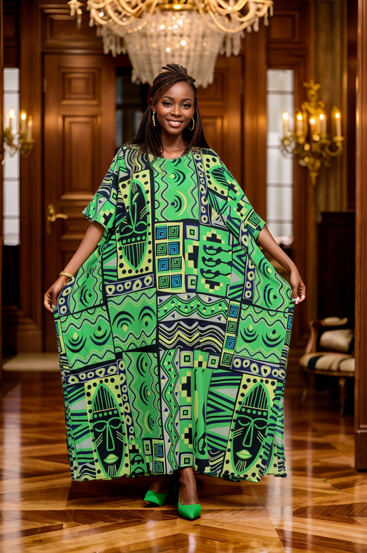 Women's Plus Size African Print Caftan Dress - Green