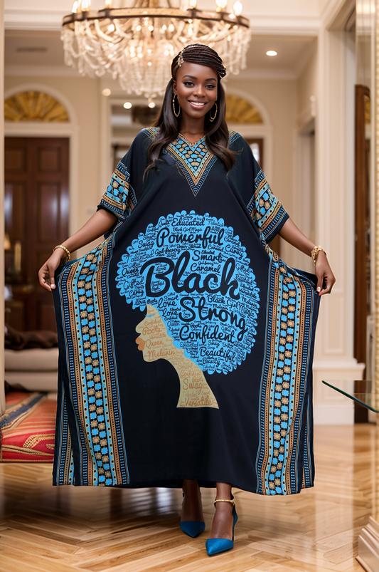 Women's Plus Size African Print Verbiage & Face Print Caftan Dress - Teal