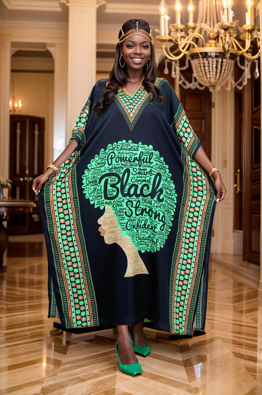 Women's Plus Size African Print Verbiage & Face Print Caftan Dress - Green