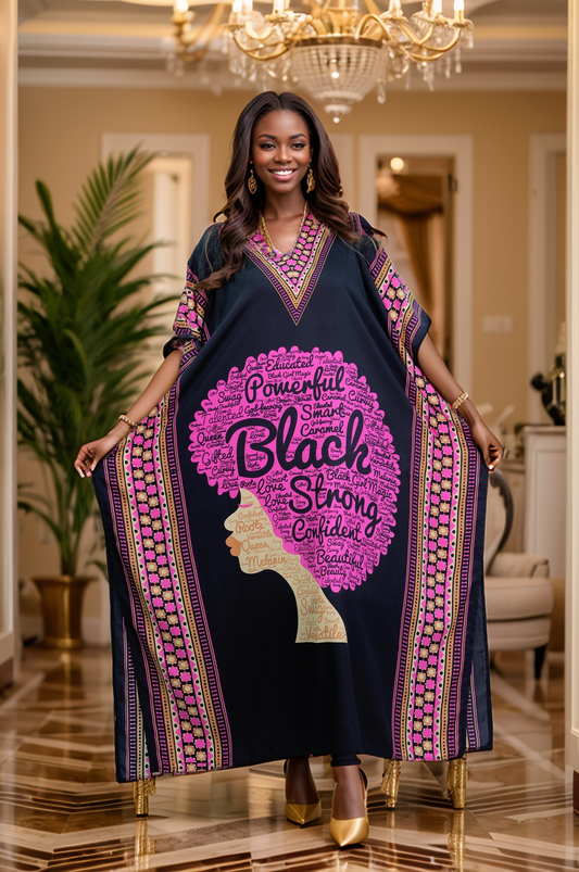 Women's Plus Size African Print Verbiage & Face Print Caftan Dress - Pink